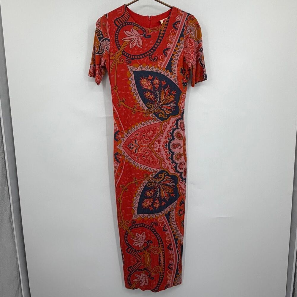 FARM Rio for Anthropologie Paisley Midi Dress Coral Pink Short Sleeve XS